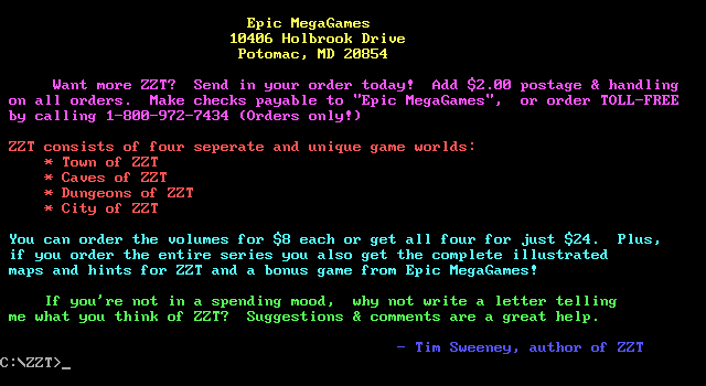 Shareware ZZT quit notice