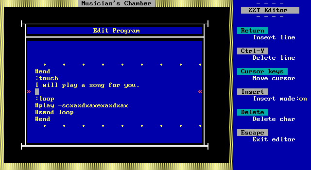 The ZZT editor, with an object with a very basic music script