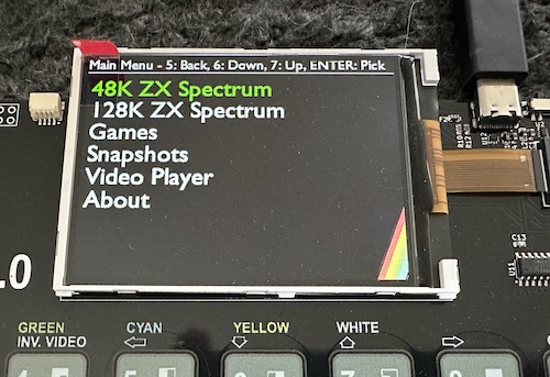 Boot screen, showing 48k Spectrum, 128k Spectrum, Games, Snapshot, Video Player, and About