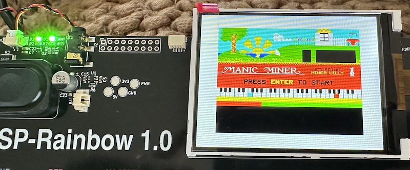 Manic Miner title screen running on the ESP-Rainbow